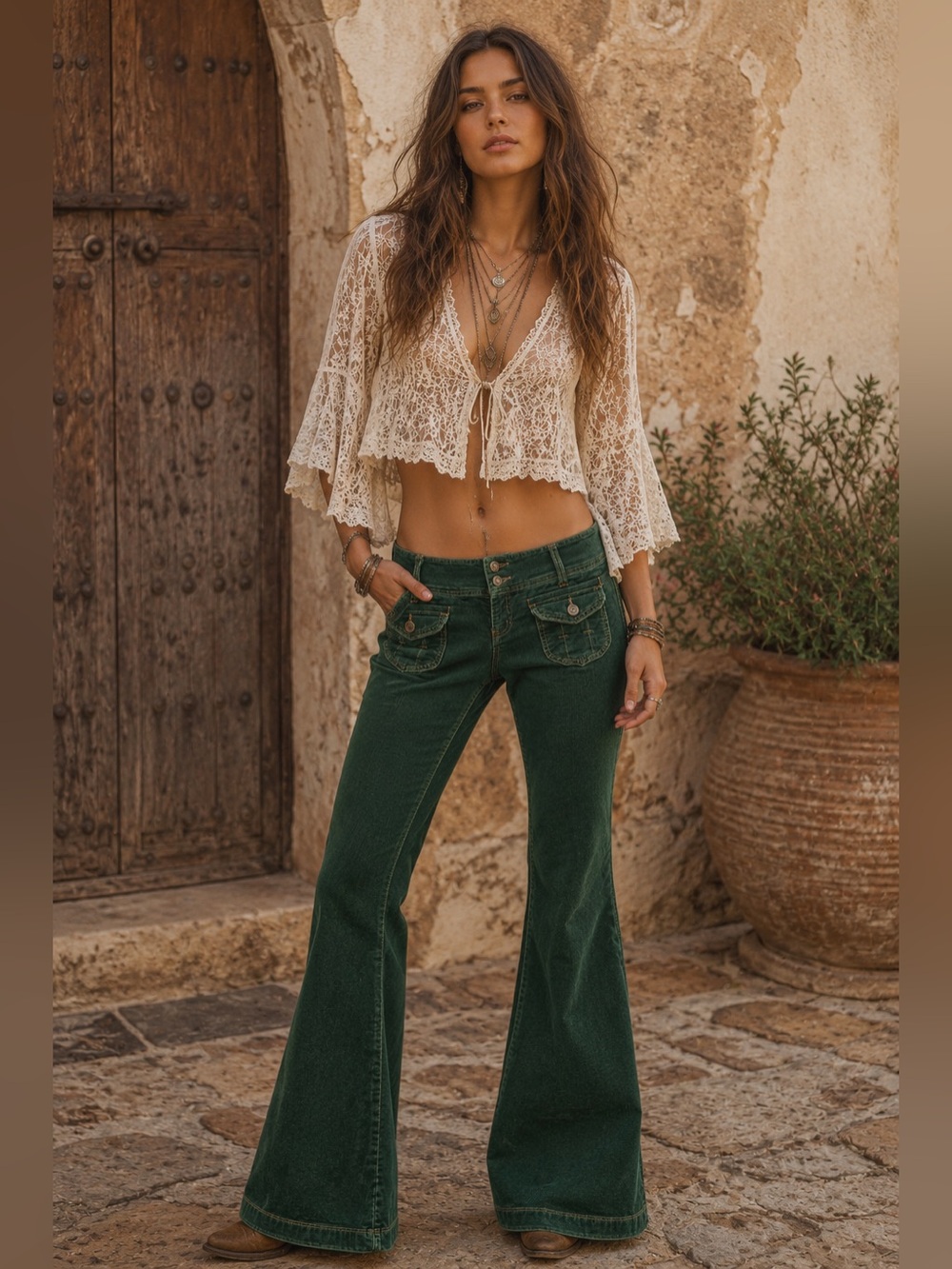 VTG Y2K GLO Jeans Green Corduroy Flare Pants Gold Contrast Stitching Size 5
